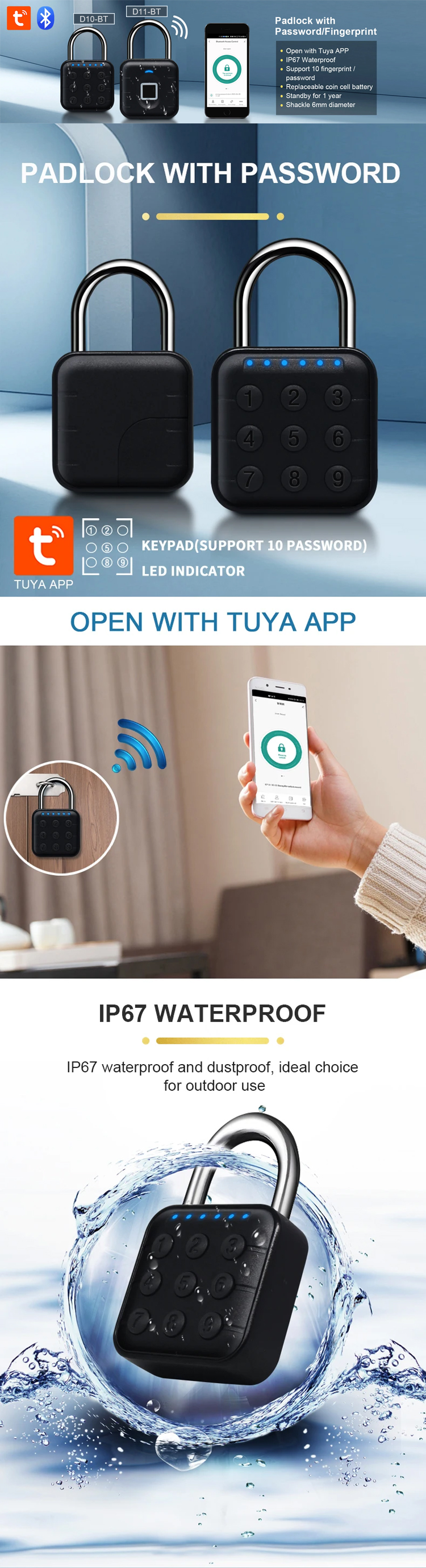 Tuya Bluetooth-Fingerabdruck-Vorhängeschloss mit Pincode